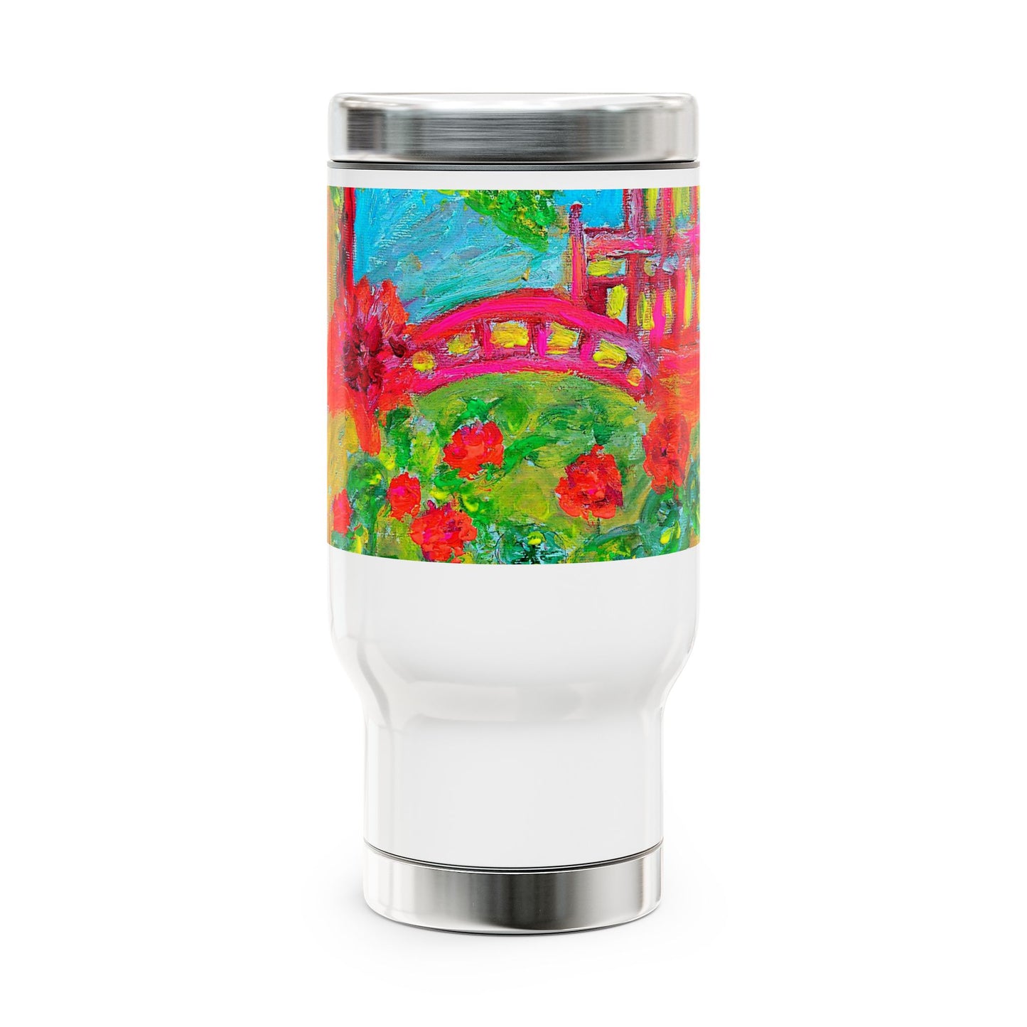 Bridge over a field of pretty flowers- Travel Mug with Handle, 14oz