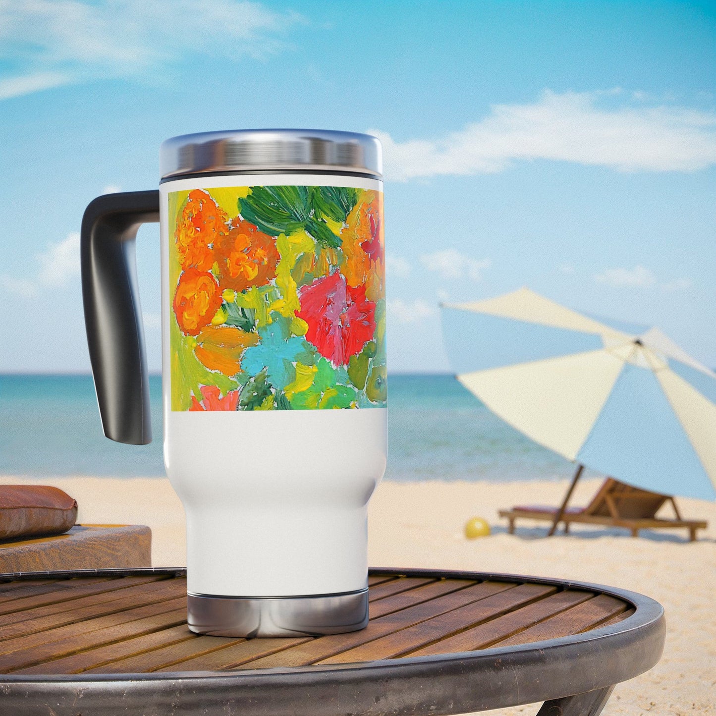 Happy Flowes- Travel Mug with Handle, 14oz