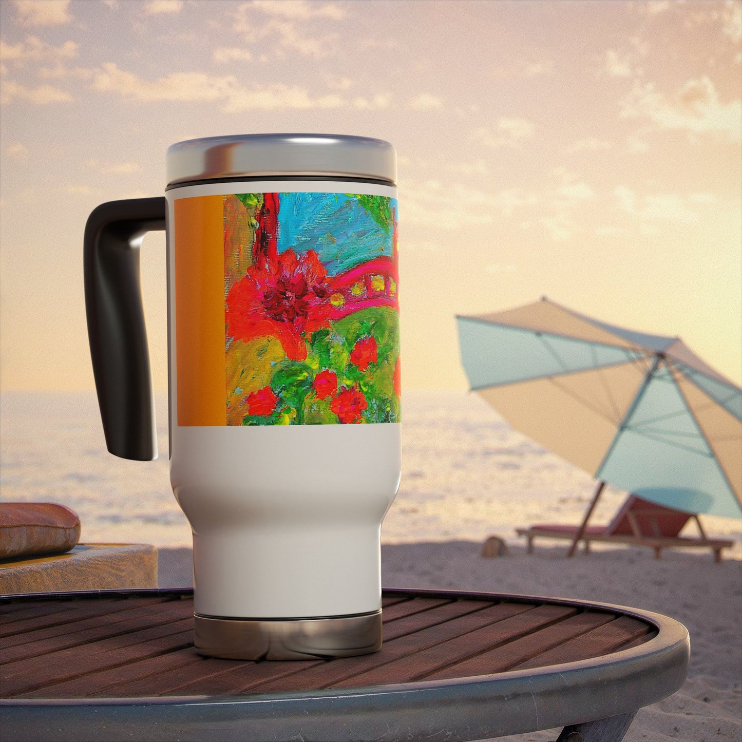 Bridge over a field of pretty flowers- Travel Mug with Handle, 14oz