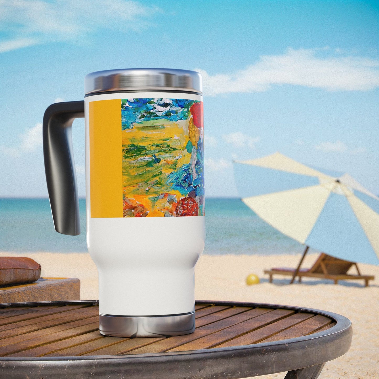Sweet girl playing on the beach- Travel Mug with Handle, 14oz