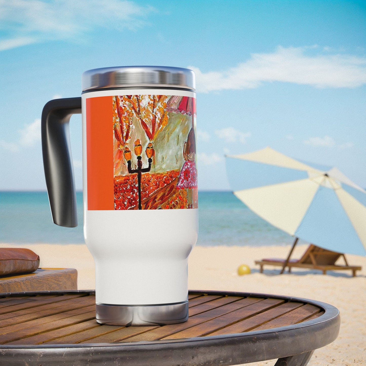 Peony girl walking with her umbrella- Steel Travel Mug with Handle, 14oz