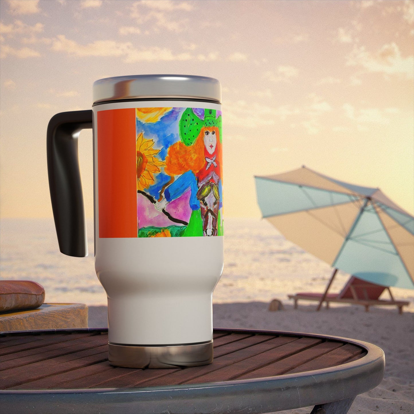 Pretty Cowboy Riding a Horse- Travel Mug with Handle, 14oz