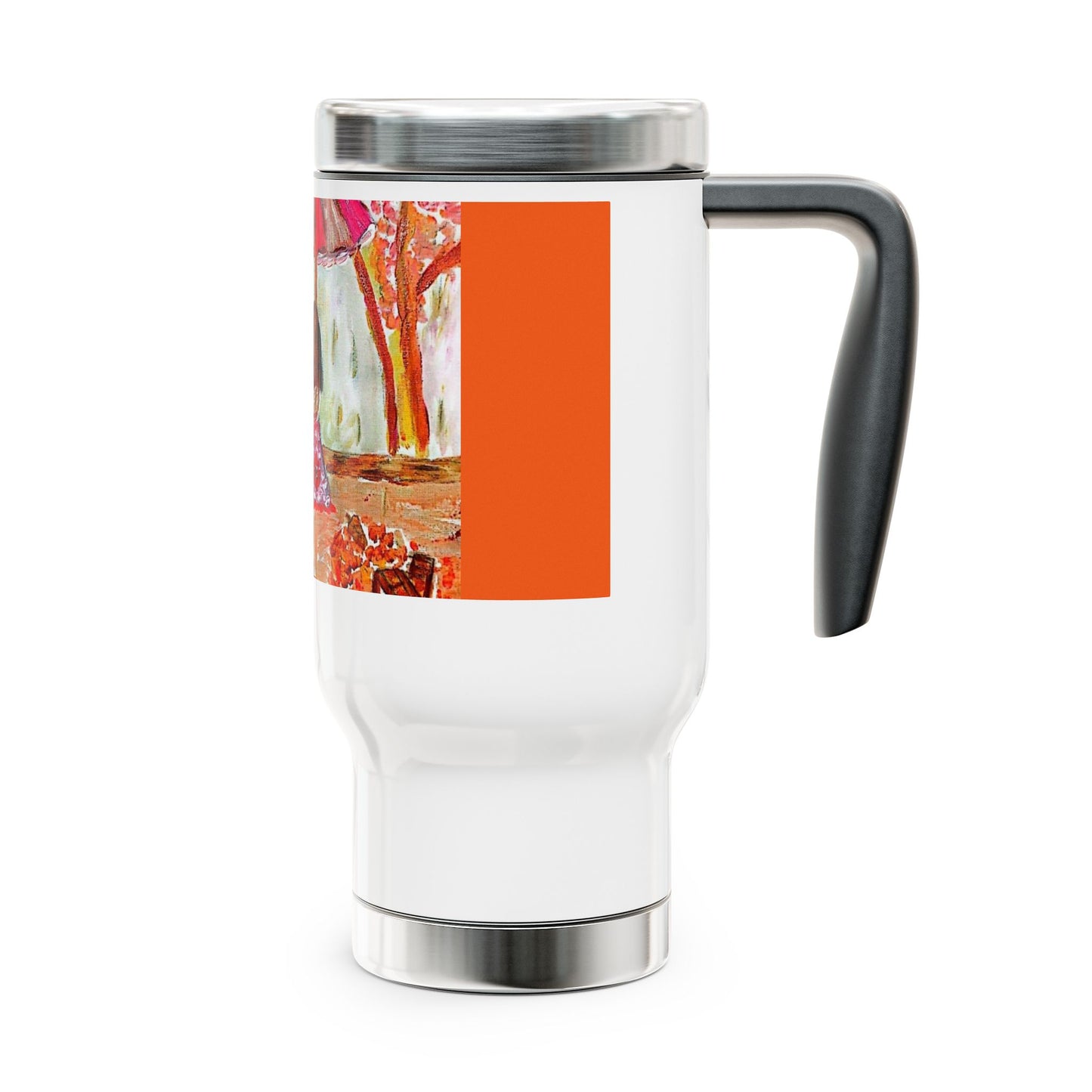 Peony girl walking with her umbrella- Steel Travel Mug with Handle, 14oz