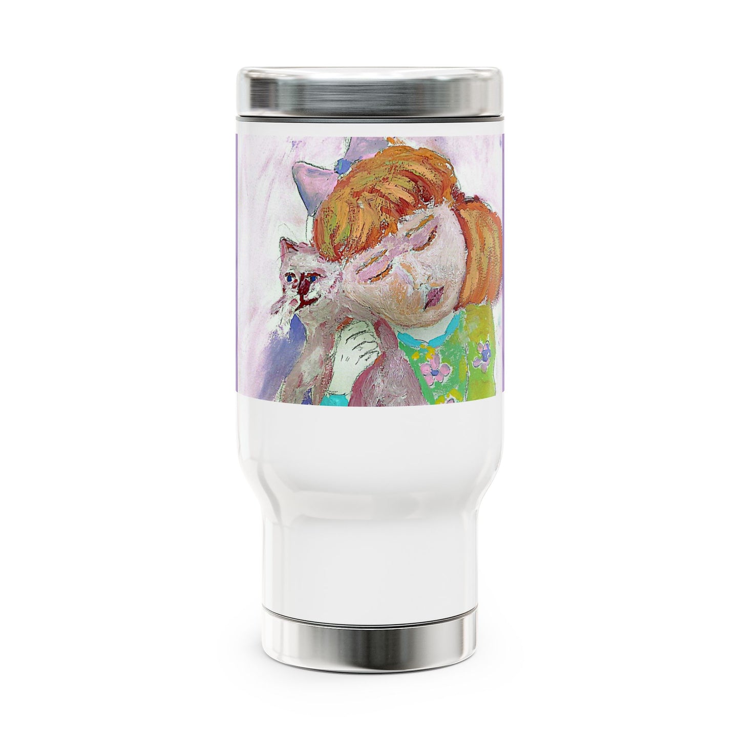 A sweet girl hugging her beloved cat- Travel Mug with Handle, 14oz