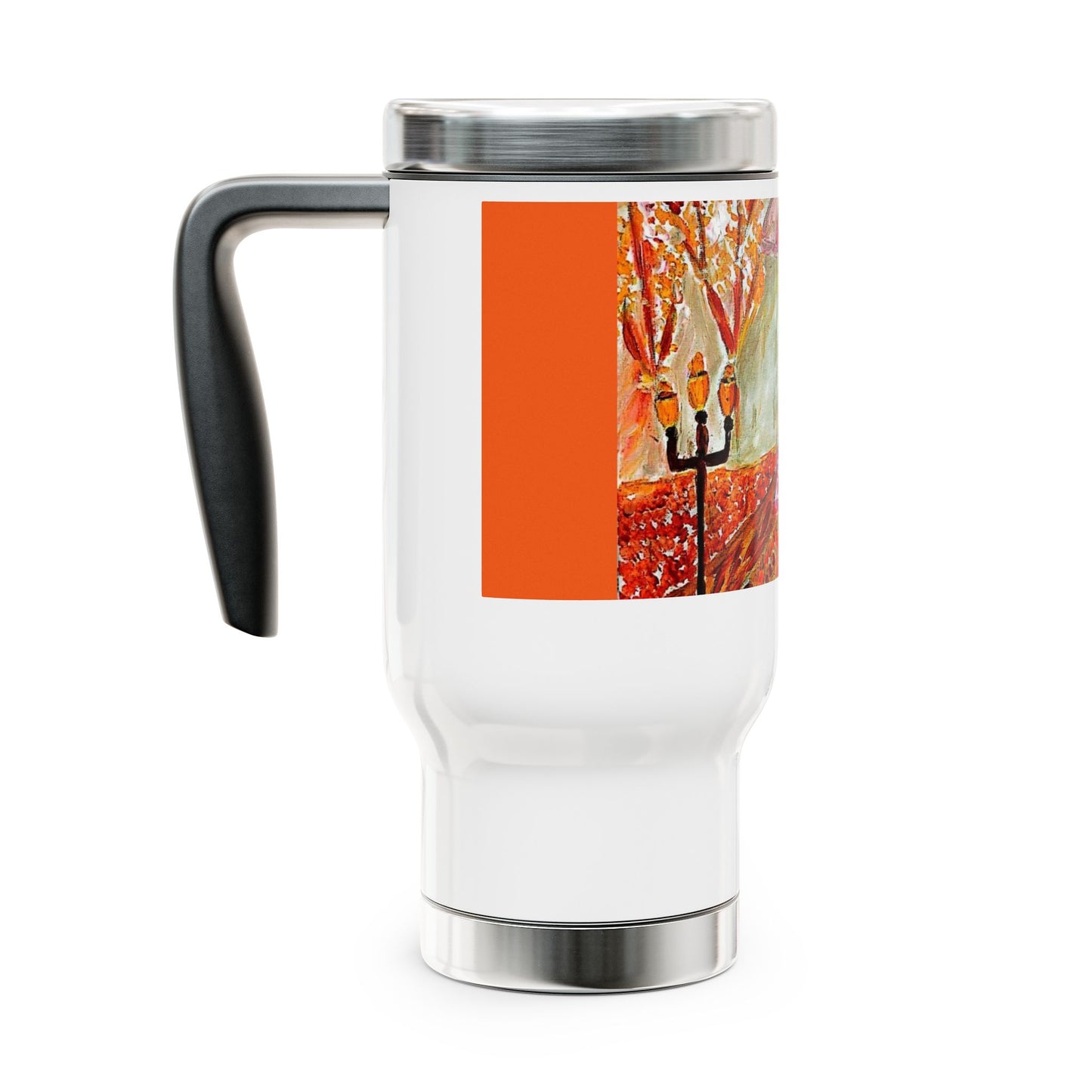 Peony girl walking with her umbrella- Steel Travel Mug with Handle, 14oz