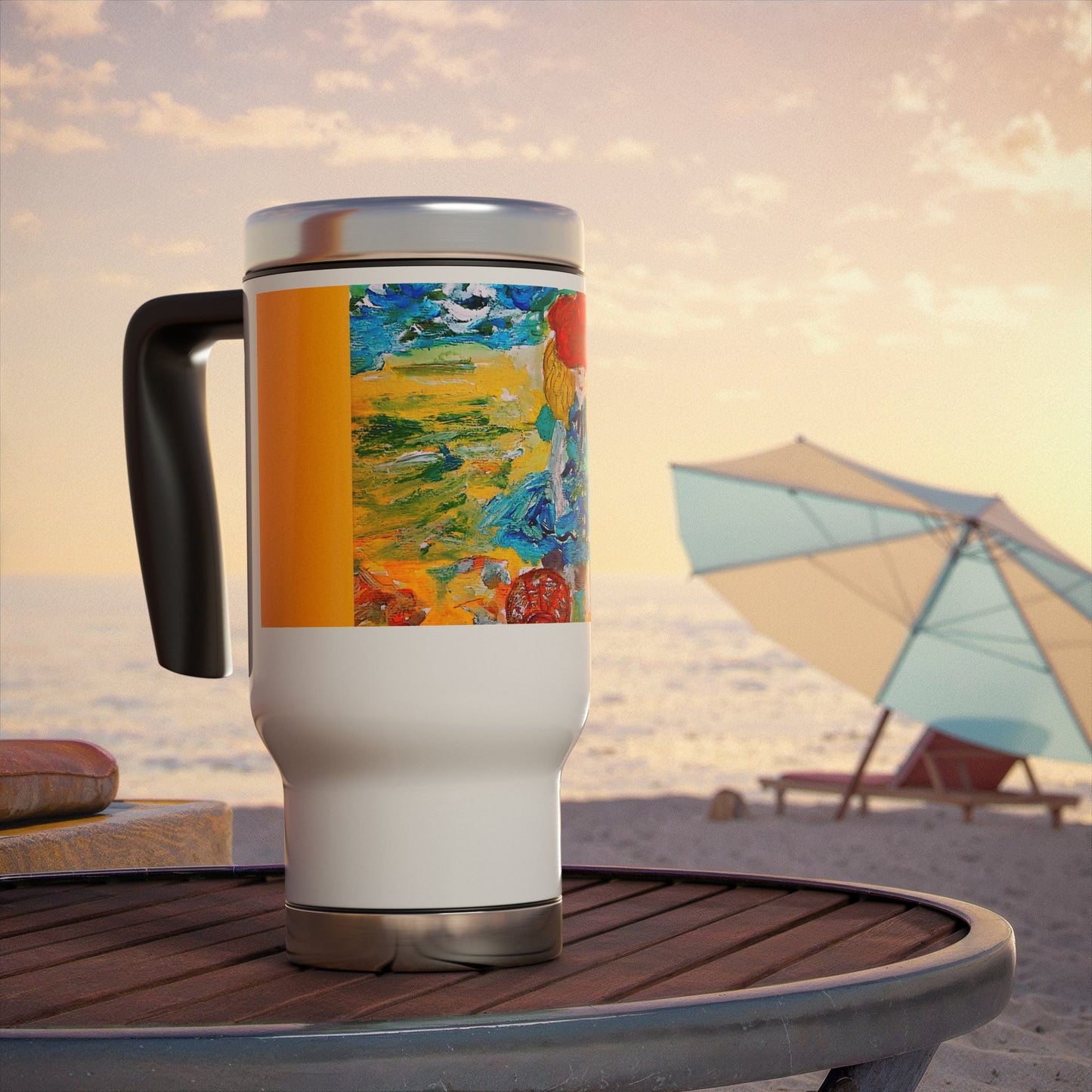 Sweet girl playing on the beach- Travel Mug with Handle, 14oz