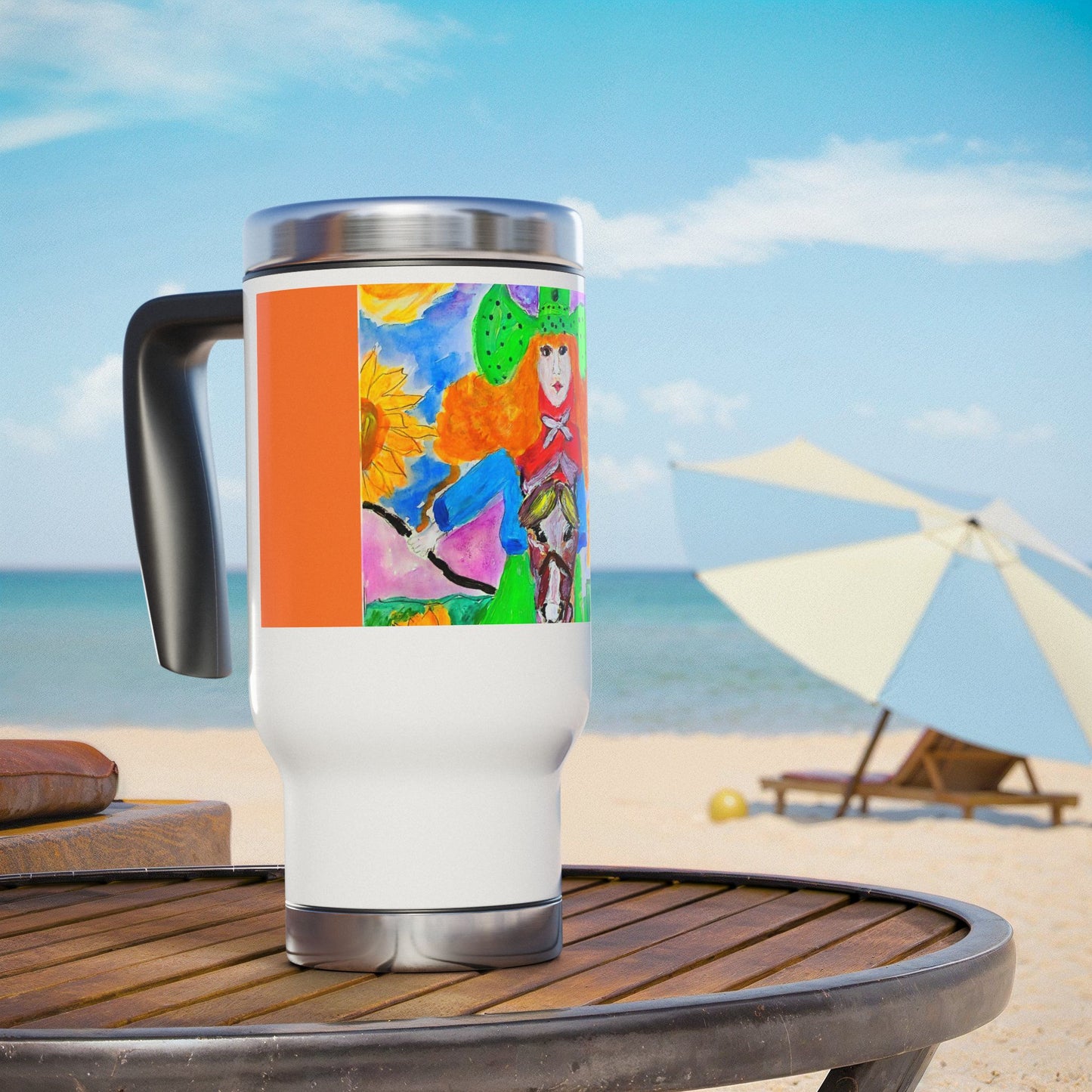 Pretty Cowboy Riding a Horse- Travel Mug with Handle, 14oz