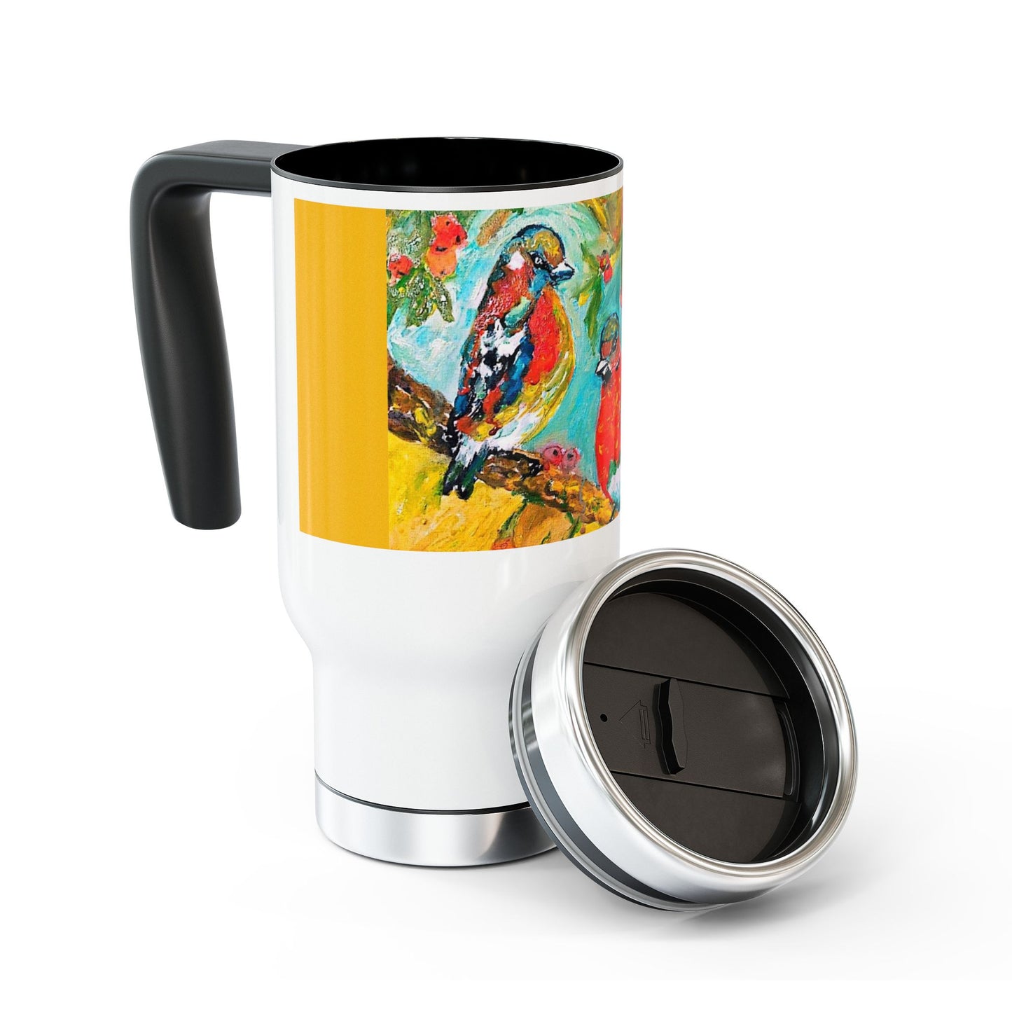 A bird singing on the tree- Travel Mug with Handle, 14oz