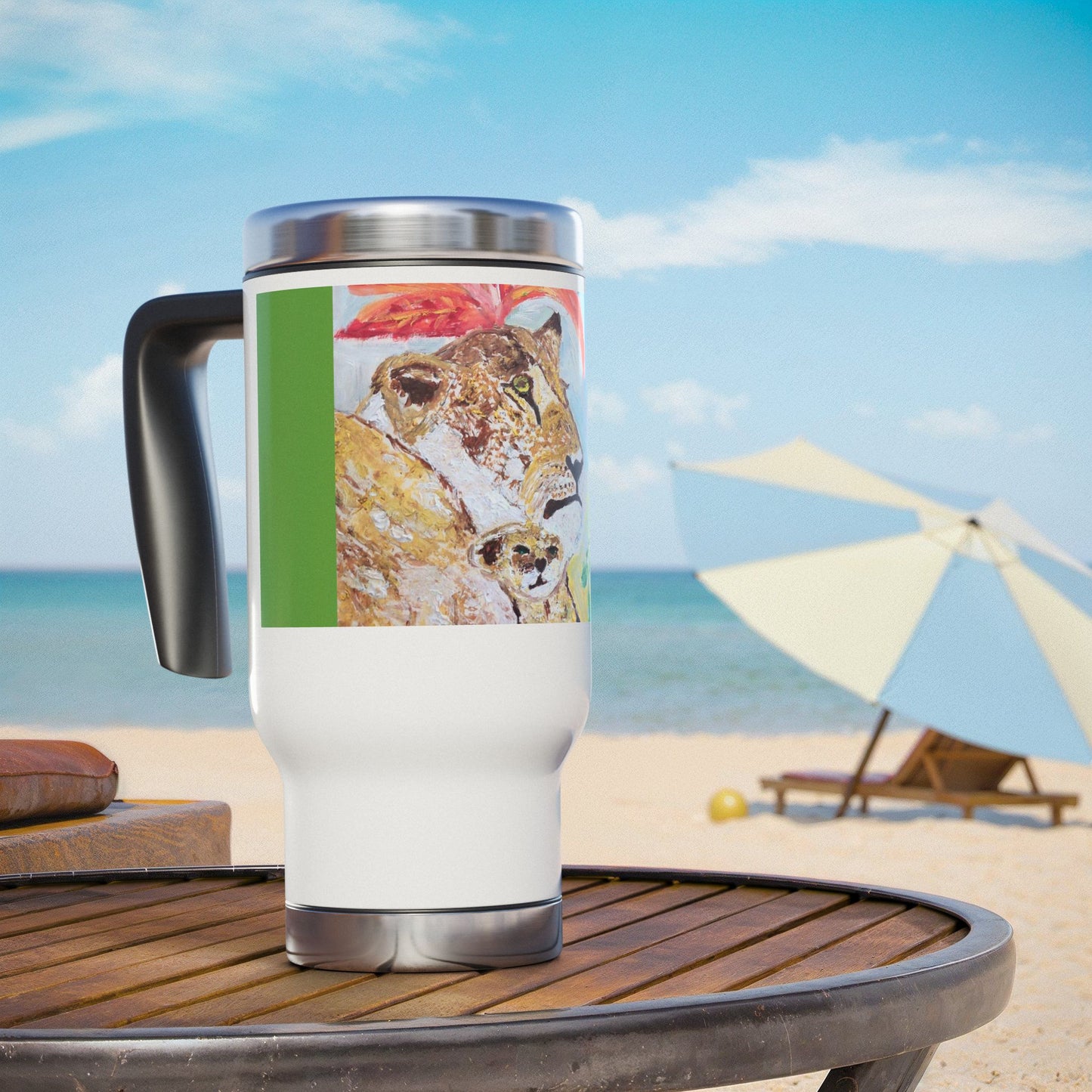Love between a lioness and her cub- Travel Mug with Handle, 14oz
