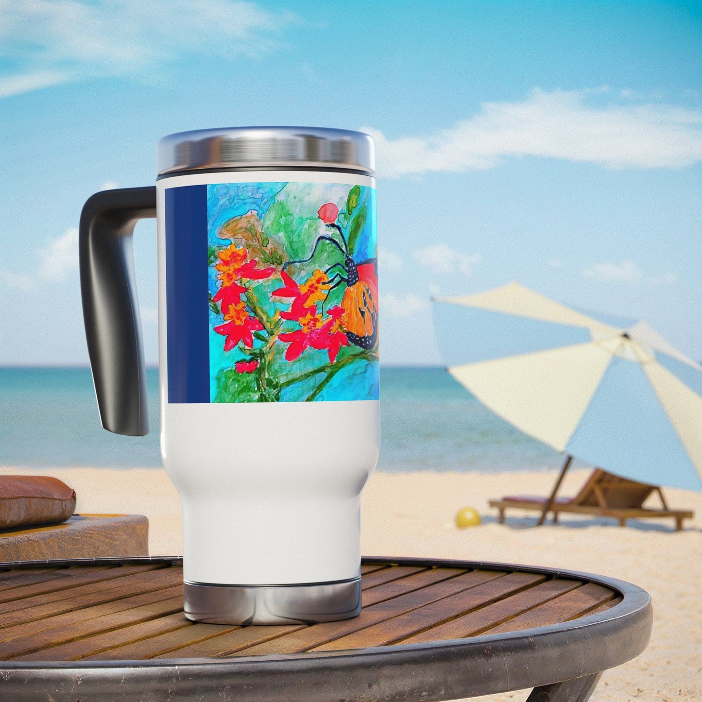 The Beautiful Butterfly- Travel Mug with Handle, 14oz