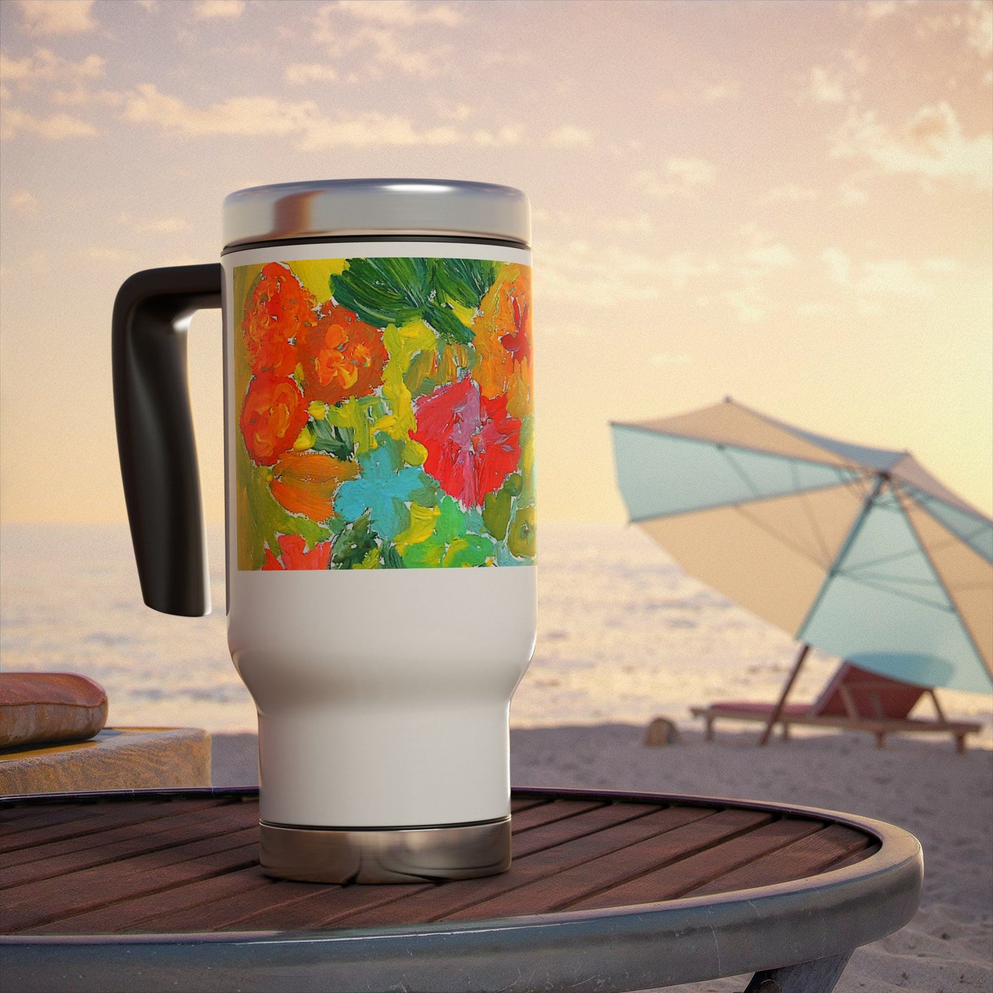 Happy Flowes- Travel Mug with Handle, 14oz