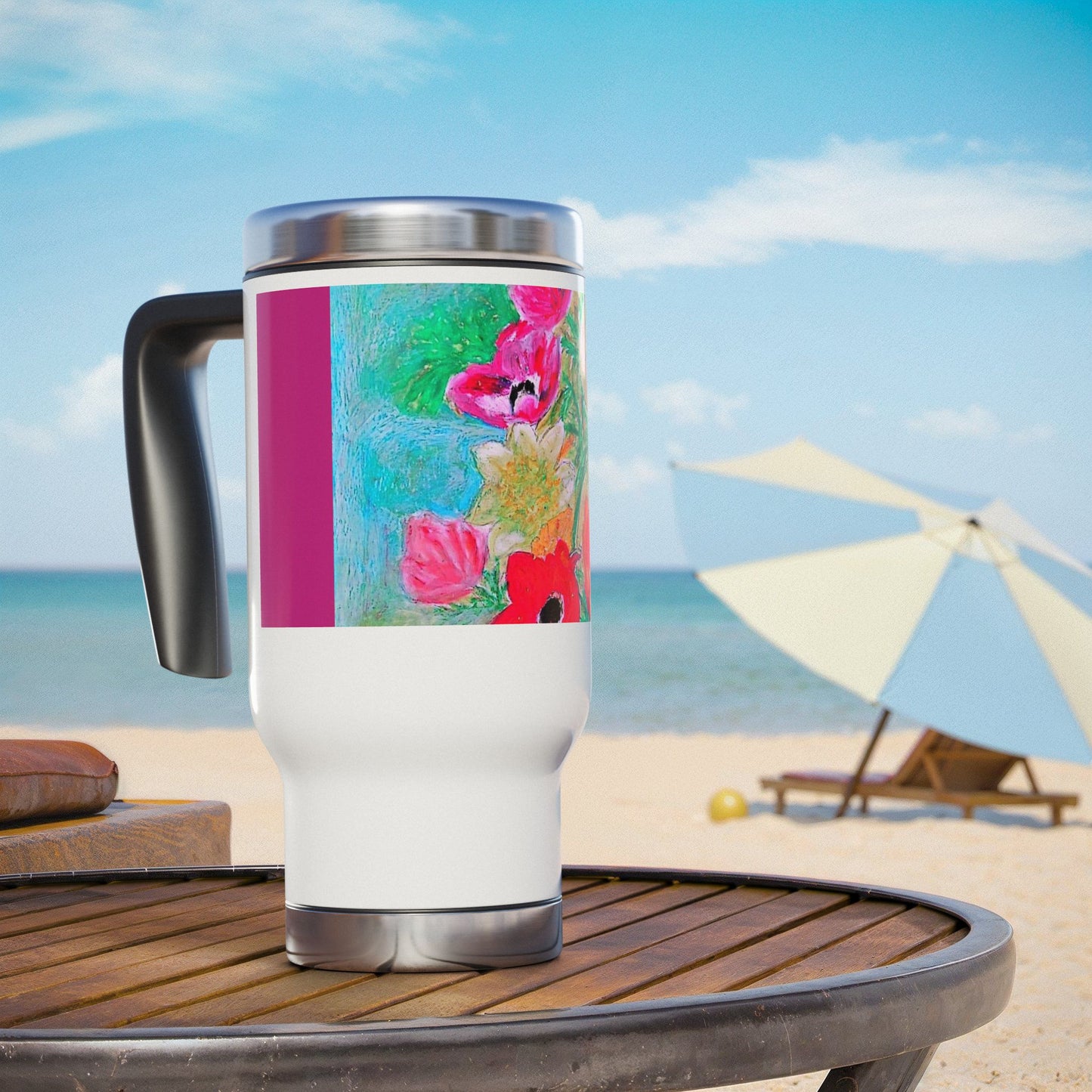 The Colorful Flowers- Travel Mug with Handle, 14oz