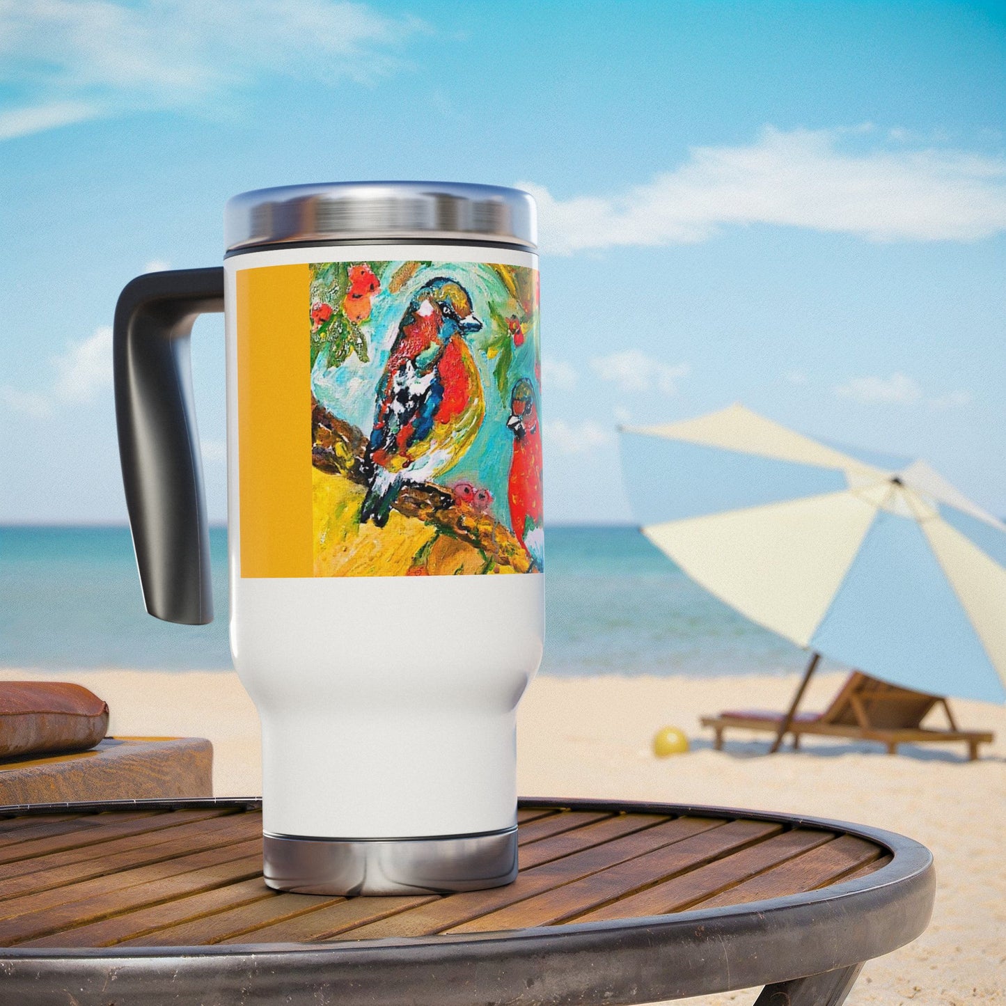 A bird singing on the tree- Travel Mug with Handle, 14oz