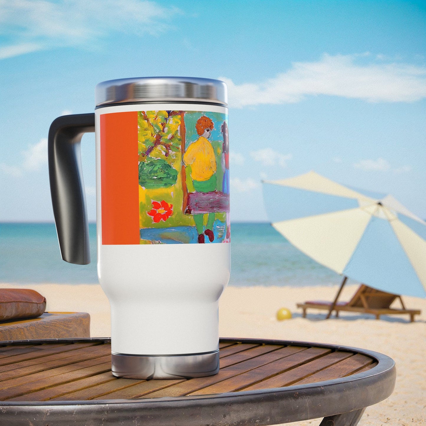 A loving couple on a swing- Travel Mug with Handle, 14oz