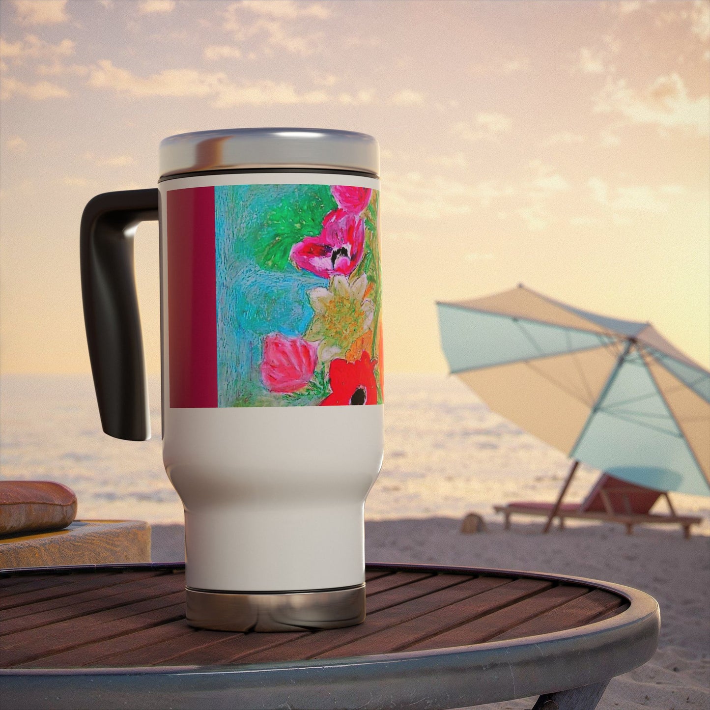 The Colorful Flowers- Travel Mug with Handle, 14oz