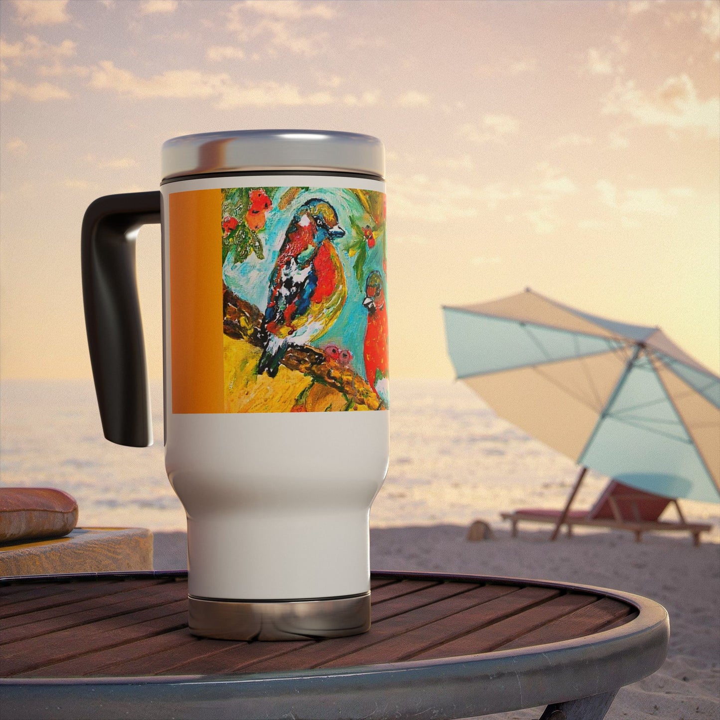A bird singing on the tree- Travel Mug with Handle, 14oz