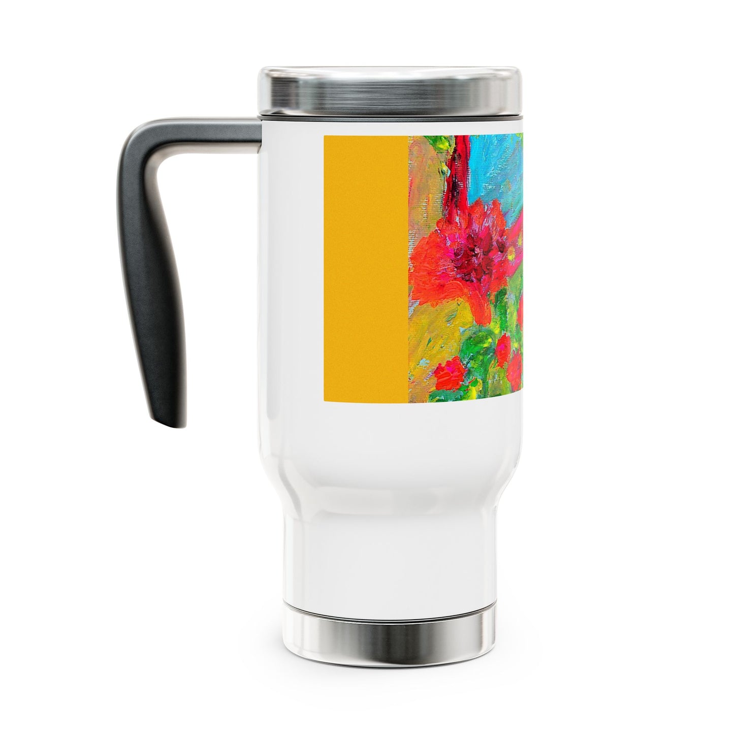Bridge over a field of pretty flowers- Travel Mug with Handle, 14oz