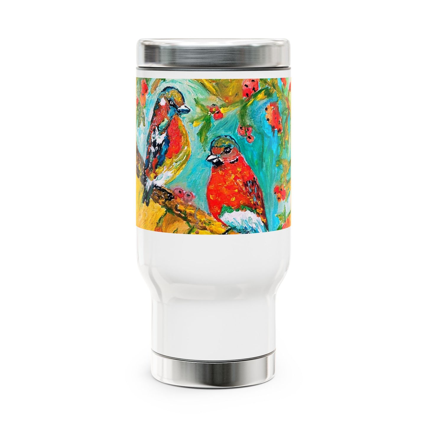 A bird singing on the tree- Travel Mug with Handle, 14oz