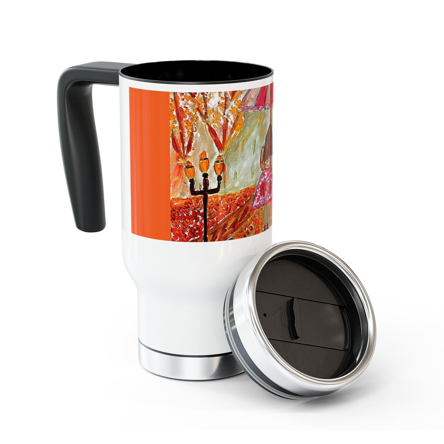 Peony girl walking with her umbrella- Steel Travel Mug with Handle, 14oz