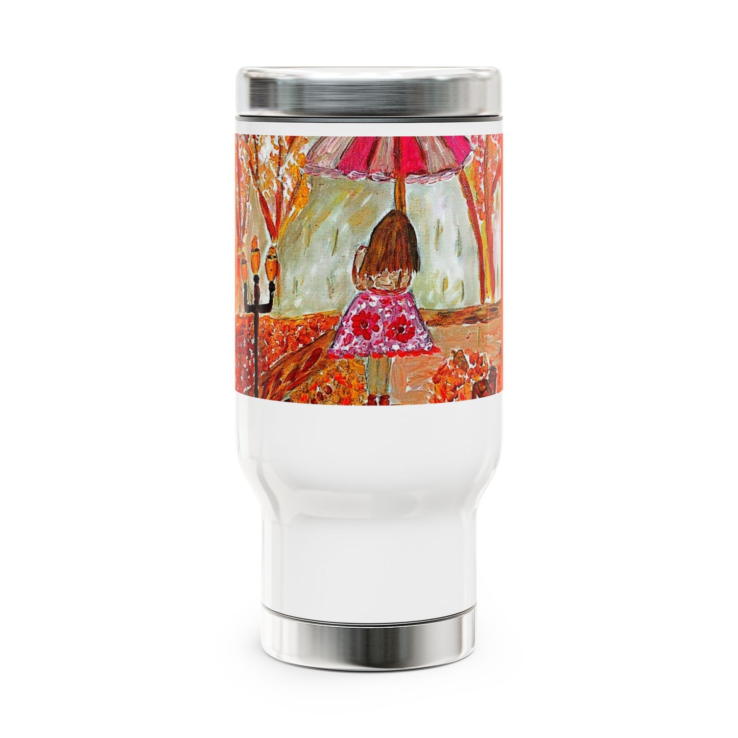 Peony girl walking with her umbrella- Steel Travel Mug with Handle, 14oz