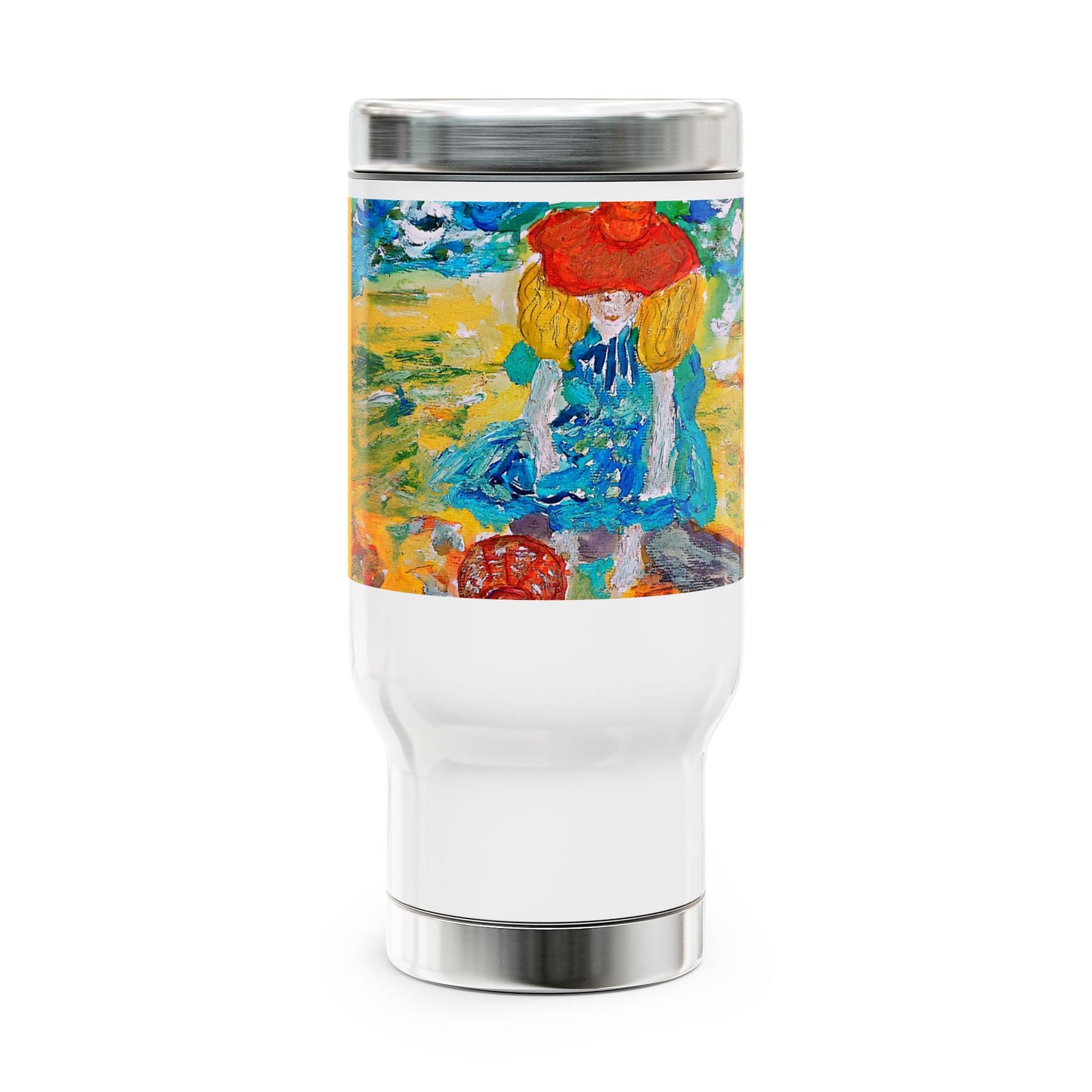 Sweet girl playing on the beach- Travel Mug with Handle, 14oz