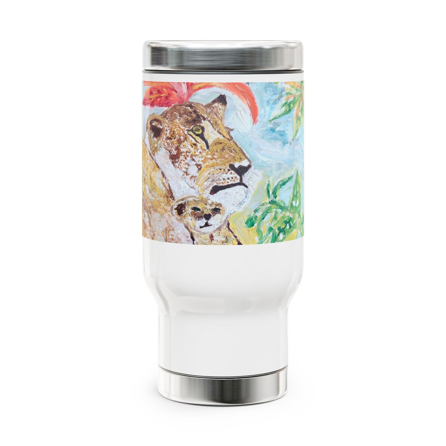 Love between a lioness and her cub- Travel Mug with Handle, 14oz