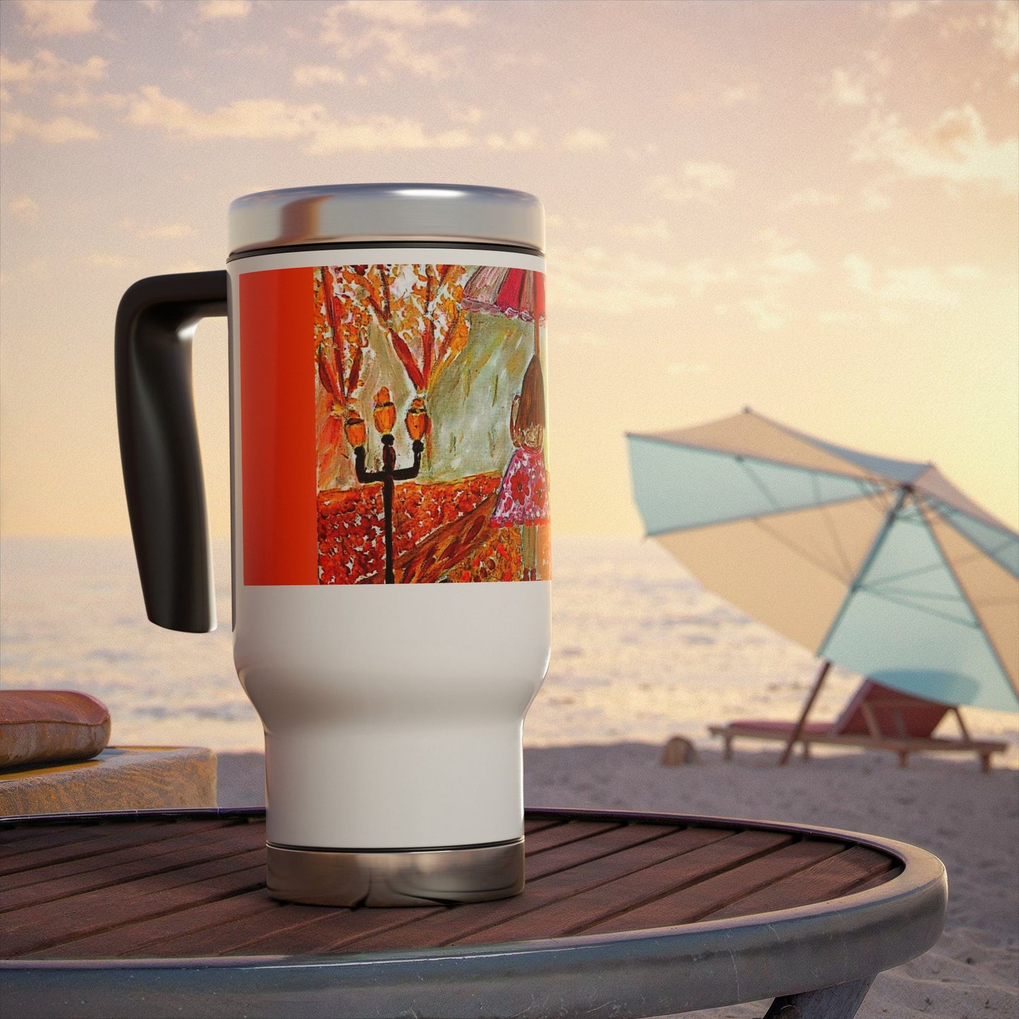 Peony girl walking with her umbrella- Steel Travel Mug with Handle, 14oz