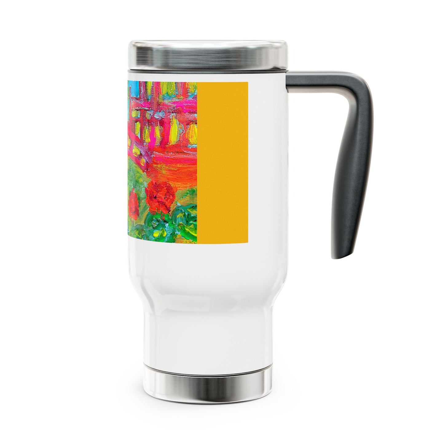 Bridge over a field of pretty flowers- Travel Mug with Handle, 14oz