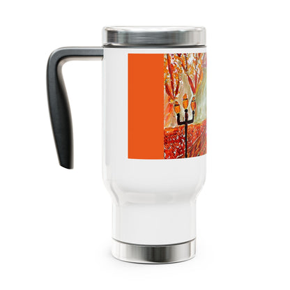Peony girl walking with her umbrella-  Steel Travel Mug with Handle, 14oz