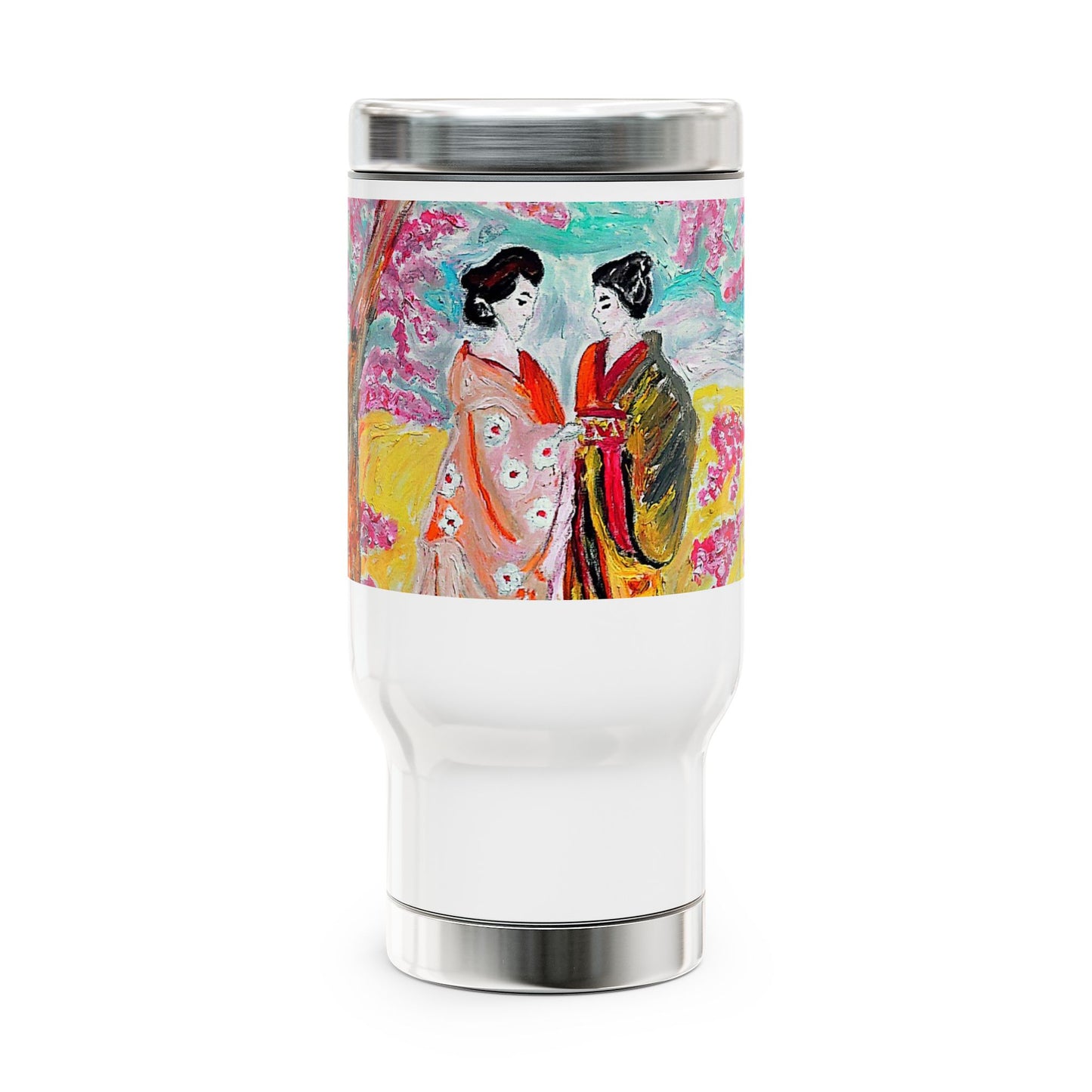 Love between a Japanese couple- Travel Mug with Handle, 14oz